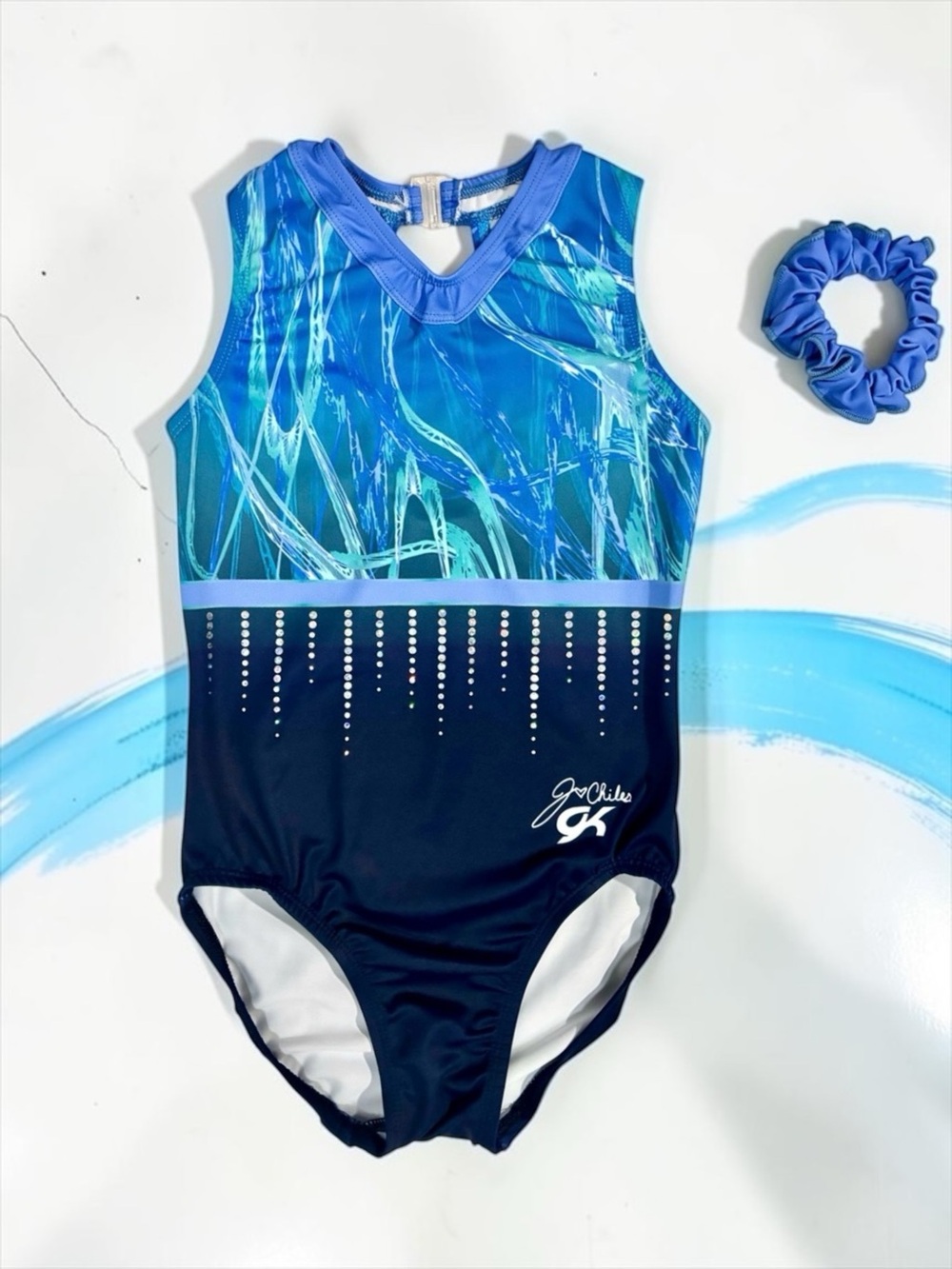 GK Elite Jordan Chiles Girls Leotard 🤸‍♀️ Blue Rhinestone Performance Size CM